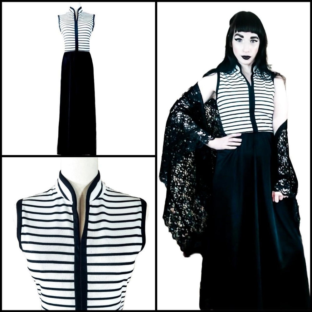 Vintage 1970s Striped Mandarin Collar Black and White Maxi Dress